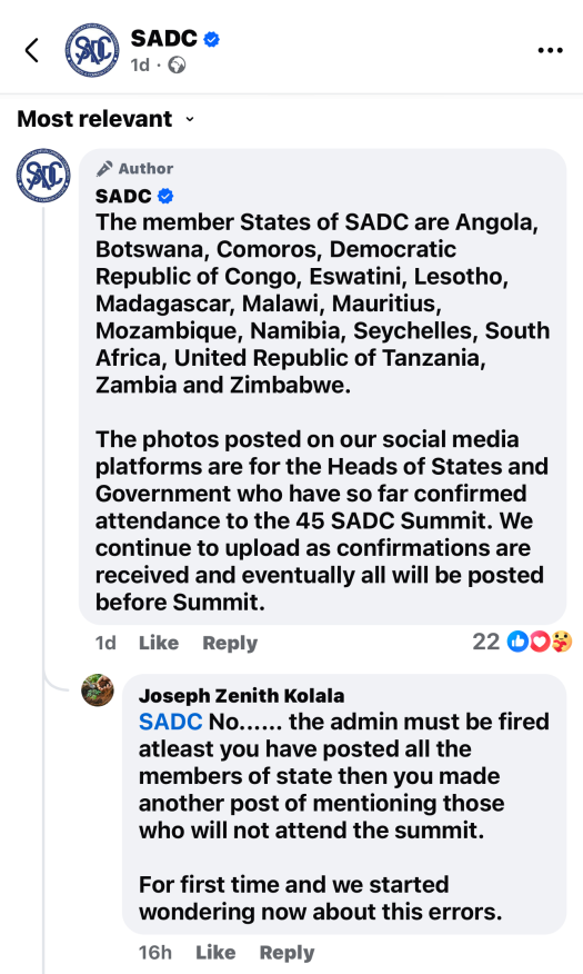 SADC Explains Reason Why It Omitted Zambia Others Full Print