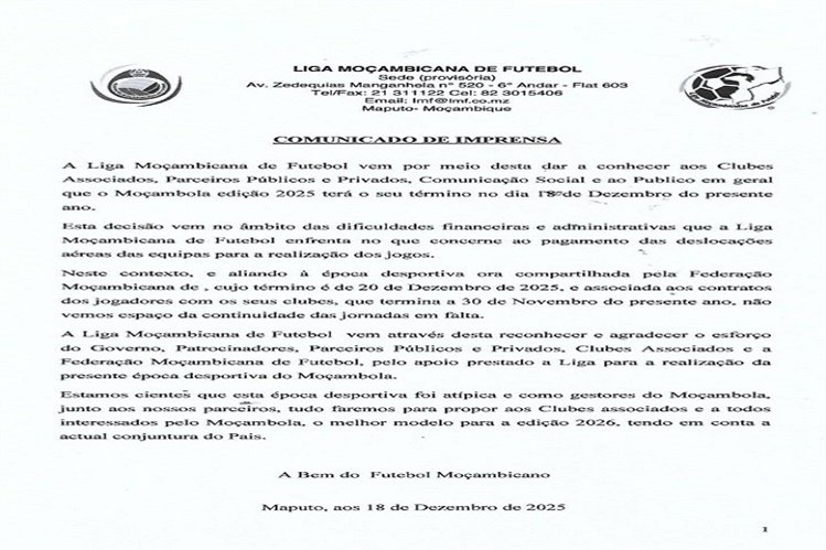 Liga Moçambicana de Futebol anuncia o fim do Moçambola 2025