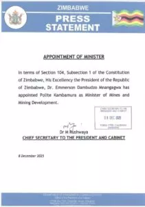 Mnangagwa Appoints Polite Kambamura as Minister of Mines