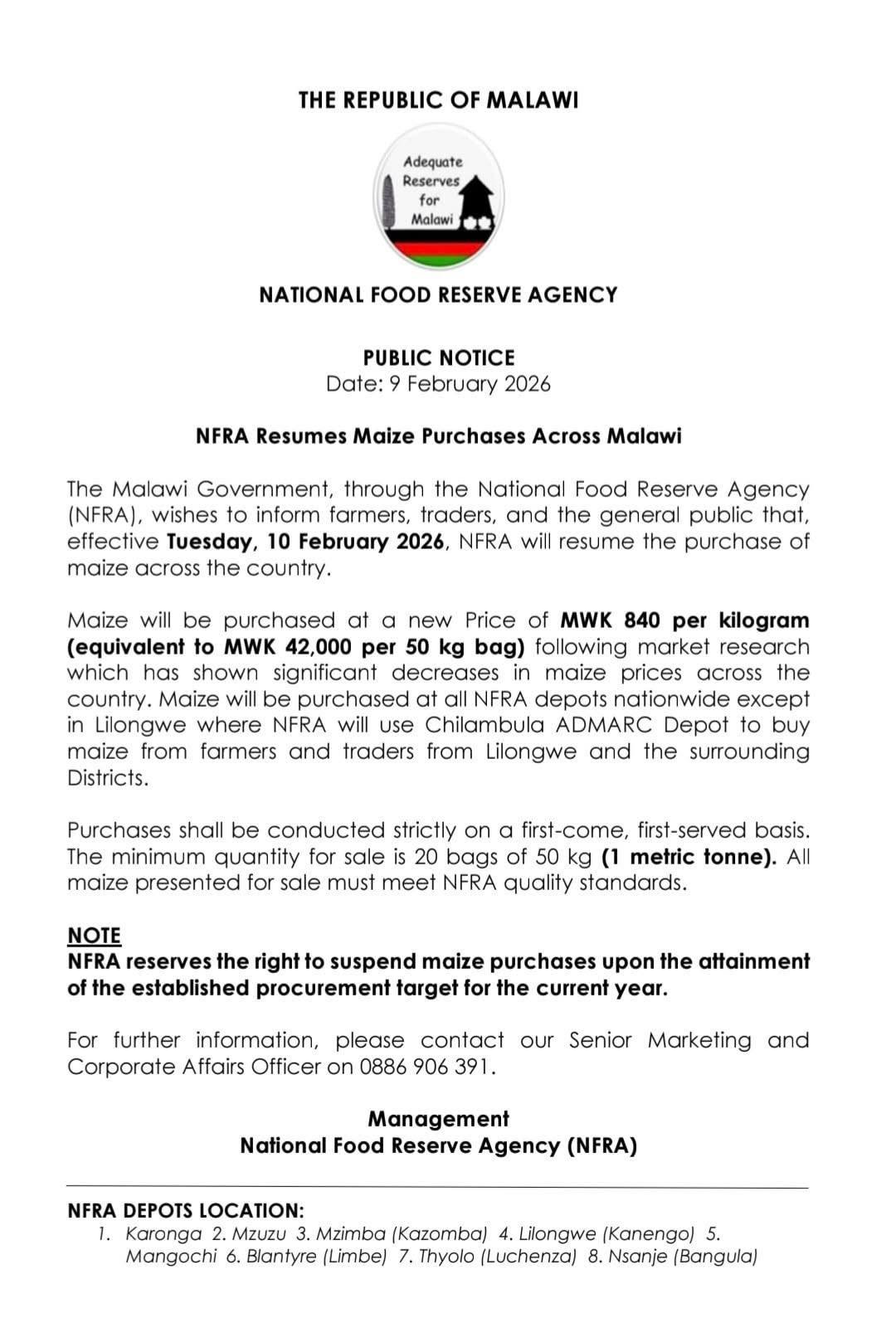 NFRA resumes maize purchases at MWK 840 per kg