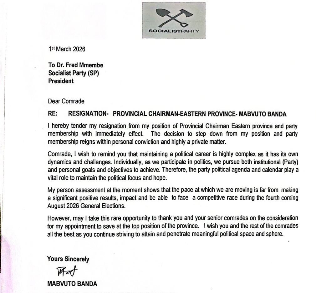 Socialist Party suffers setback as Eastern province chairman Banda quits