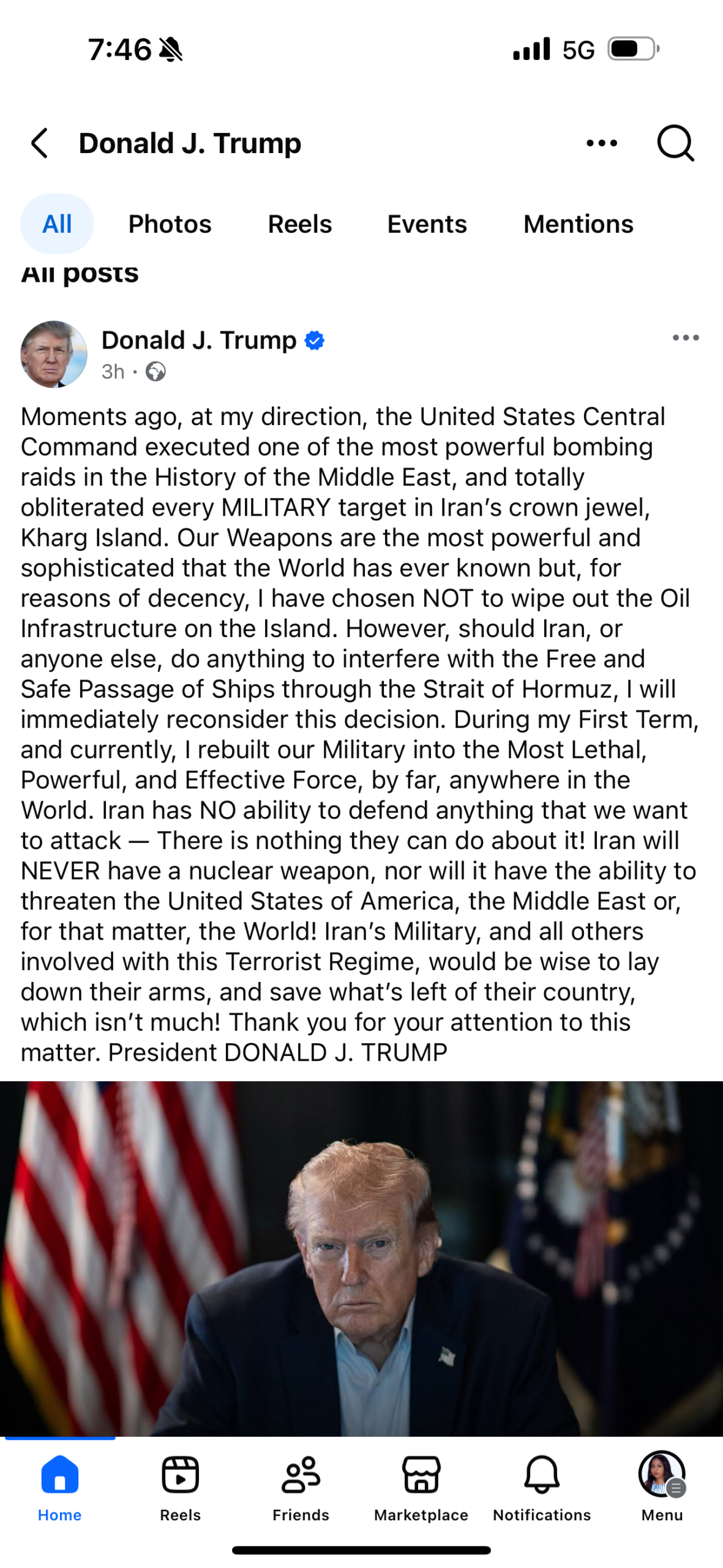 Trump says U.S. struck Iranian military targets on Kharg Island in Facebook post