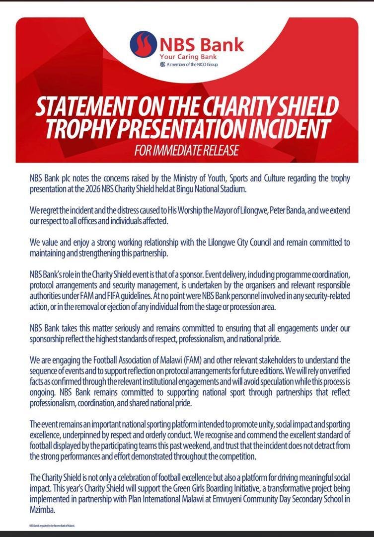 NBS Bank Distances Itself from Charity Shield Incident, Says It Had No Role in Protocol or Security Decisions