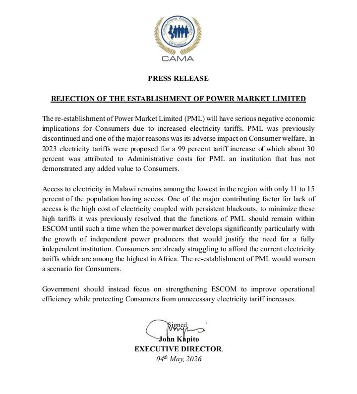CAMA warns that revival of Power Market Limited risks higher electricity tariffs and continued drain on public resources