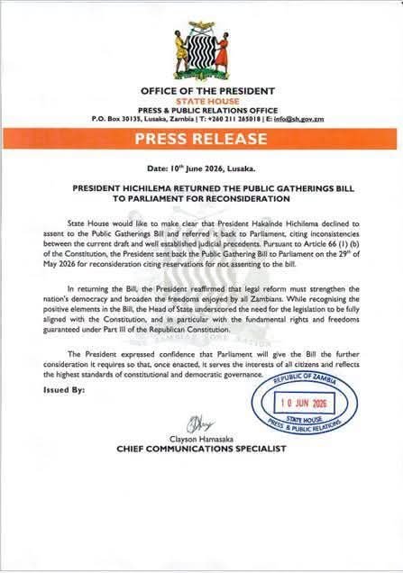 Hichilema rejects Public Gatherings Bill, cites constitutional concerns