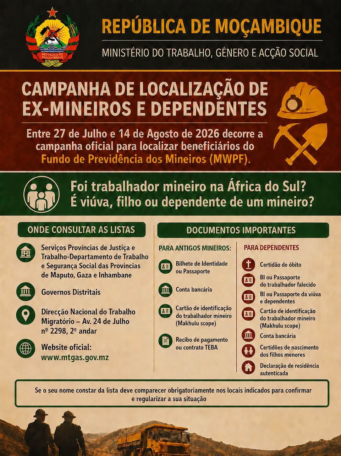 Mozambique launches drive to locate beneficiaries of South Africa’s Mineworkers’ Provident Fund