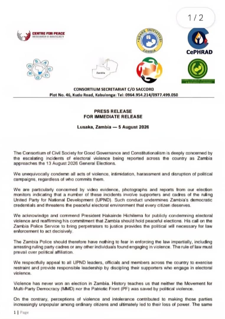 Civil Society Organisations condemn electoral violence, cite evidence of viral videos on UPND cadres