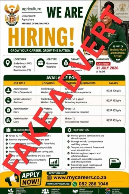 Department of Agriculture warns jobseekers against fraudulent recruitment advert